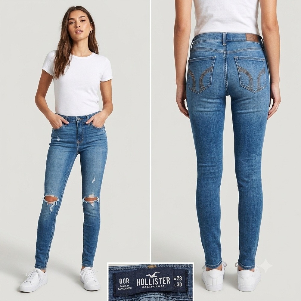 Hollister Jeans Women 00R Blue Mid-Rise Super Skinny Distressed Ripped W23 L30